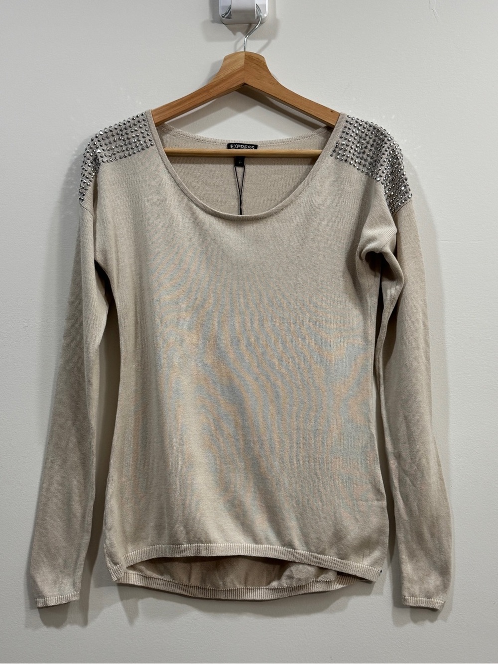 Express Embellished Rhinestone Shoulder Sweater — Beige, Size S, NWT